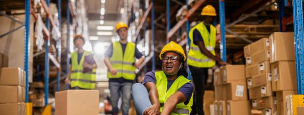 workplace injury woman injured at work, holding ankle sitting on floor