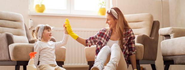 woman, young girl, cleaning supplies