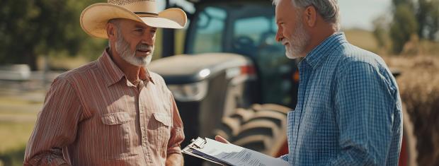 Ag Meeting two men meeting at farm to discuss insurance needs, paperwork in hand