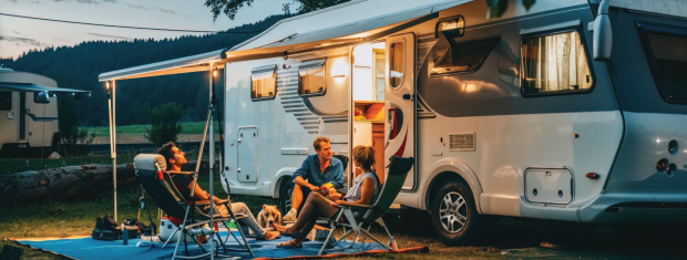 friends camping with pets in the evening
