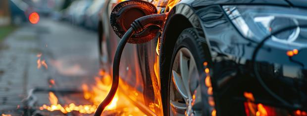 electric car on charging station on fire
