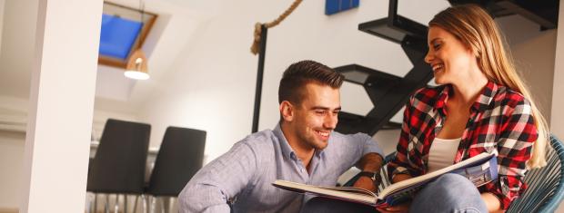 Couple, Reading, Sitting, Communicating