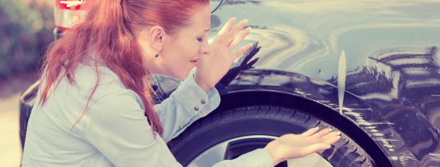 Vehicle Damage, Frustrated Woman, Parked Car