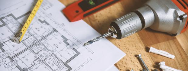 Blueprint, design, drill, nails, ruler, diagram, torpedo level