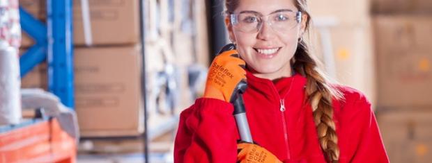 Workplace, safety, worker, gloves, boxes, woman, safety goggles Workplace Safety