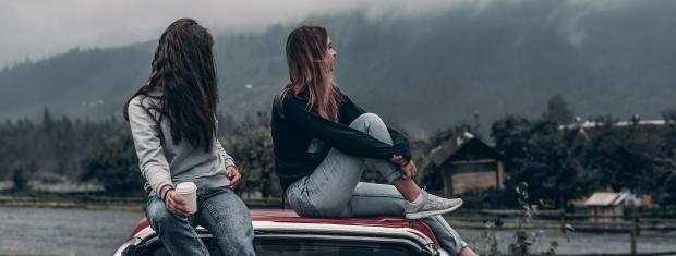 Two Women, Sitting, Outdoors, Car Roof