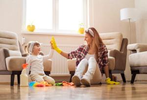 woman, young girl, cleaning supplies