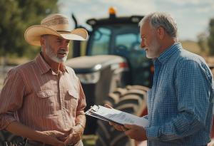two men meeting at farm to discuss insurance needs, paperwork in hand