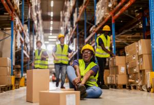 woman injured at work, holding ankle sitting on floor