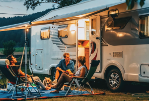 friends camping with pets in the evening