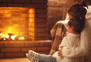 Fireplace, Fire, Cozy, Mother, Child
