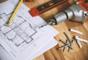 Blueprint, design, drill, nails, ruler, diagram, torpedo level